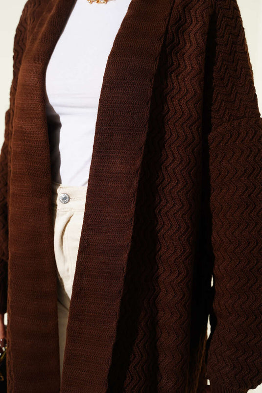 Zigzag Kabartmalı Triko Uzun Hırka Acı Kahve