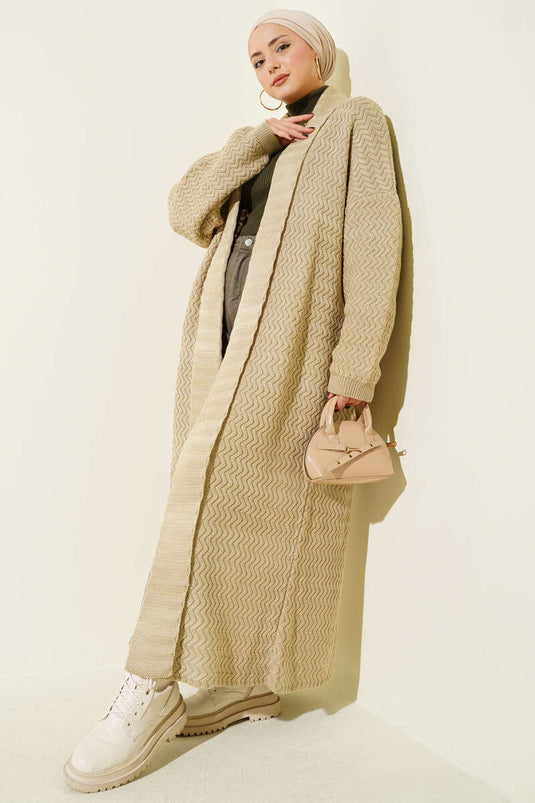 Zigzag Embossed Knit Long Cardigan Beige