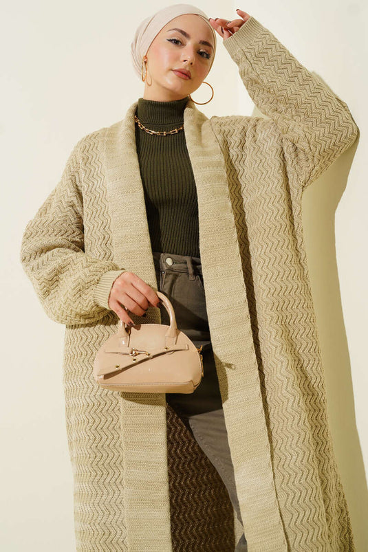 Lange gebreide cardigan met zigzagreliëf in beige