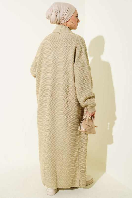 Lange gebreide cardigan met zigzagreliëf in beige