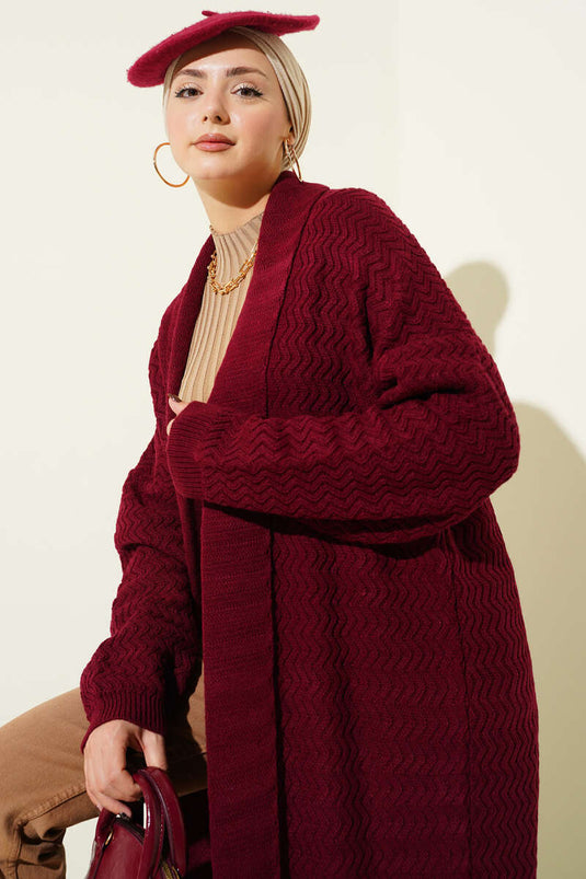 Lange gebreide cardigan met zigzagreliëf, bordeauxrood