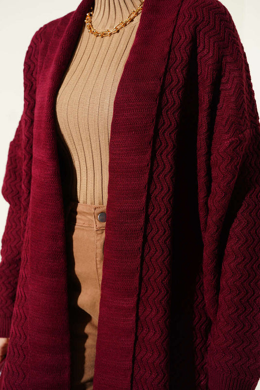 كارديجان طويل محبوك بنقشة متعرجة، لون عنابي