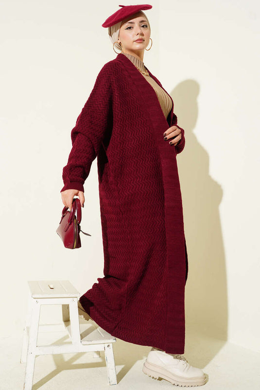Gilet Long En Maille Gaufrée À Motif Zigzag, Bordeaux