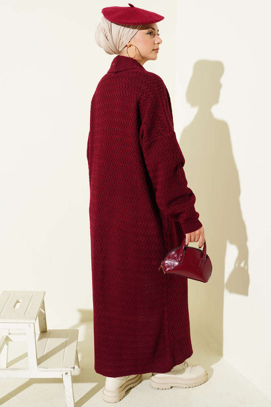 Gilet Long En Maille Gaufrée À Motif Zigzag, Bordeaux