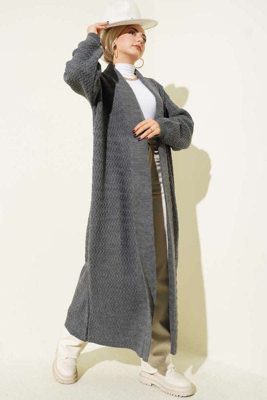 Lange gebreide cardigan met zigzagreliëf, donkergrijs