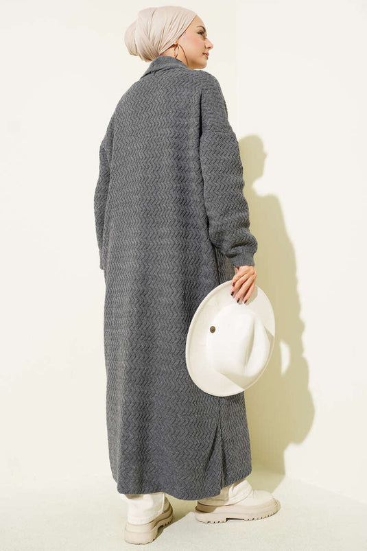 Lange gebreide cardigan met zigzagreliëf, donkergrijs