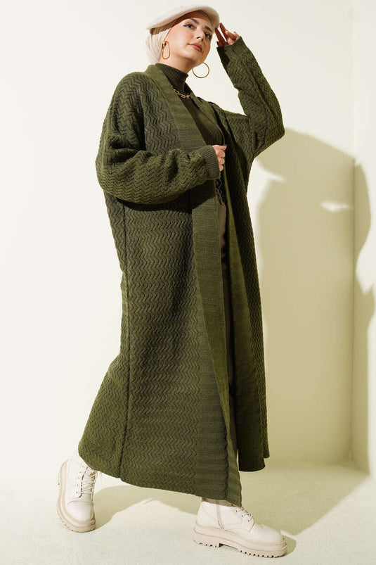 كارديجان طويل محبوك بنقشة متعرجة، لون كاكي