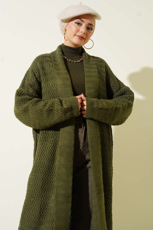 كارديجان طويل محبوك بنقشة متعرجة، لون كاكي