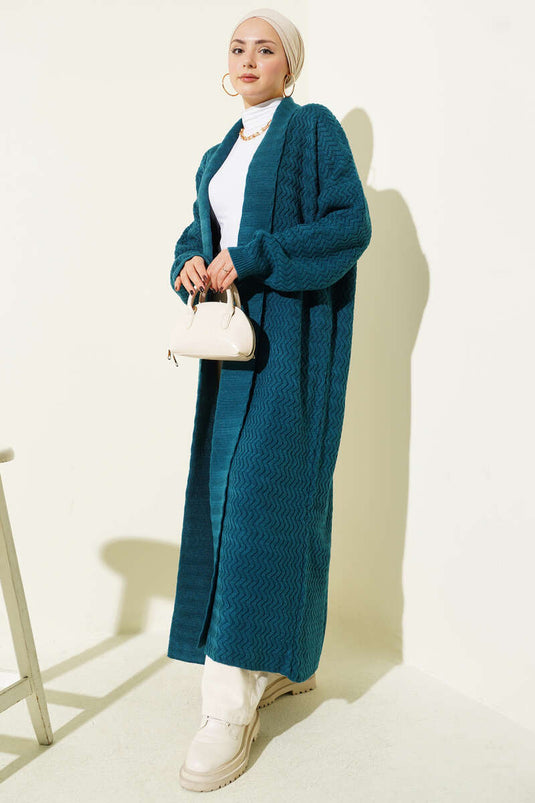 Gilet Long En Tricot Brodé À Zigzag Bleu Pétrole