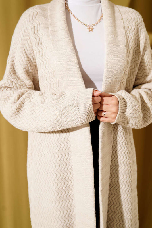 Zigzag Embossed Knit Long Cardigan with Stones