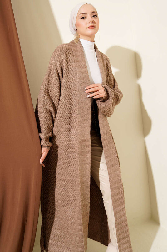 كارديجان طويل محبوك بنقشة متعرجة، لون المنك