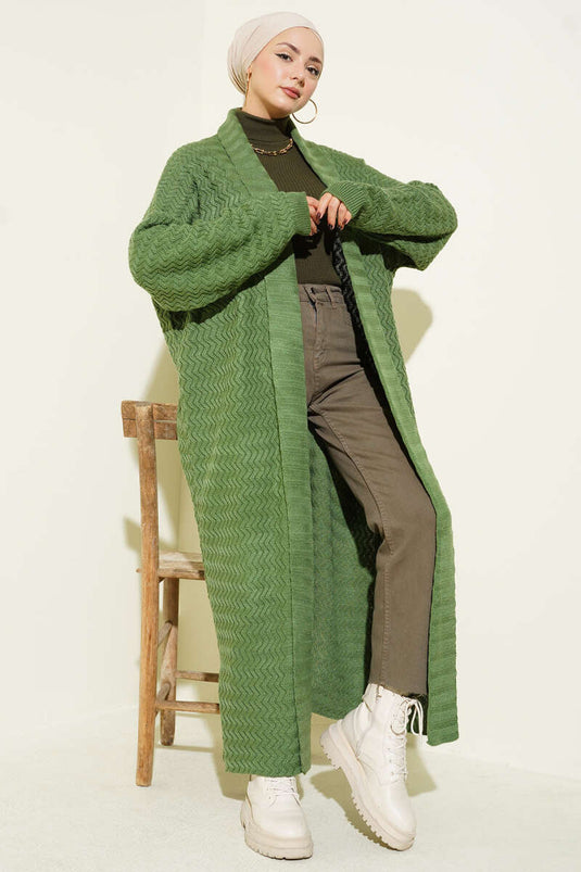 كارديجان طويل محبوك بنقشة متعرجة، أخضر