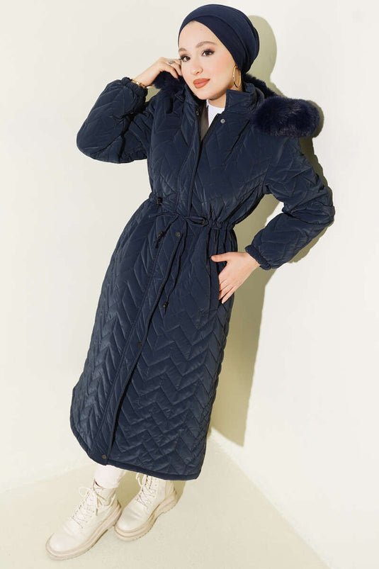 Giacca imbottita trapuntata a zigzag con cappuccio blu scuro