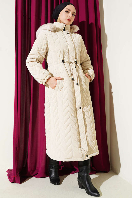 Zigzag Kapitone Kapüşonlu Şişme Mont Taş