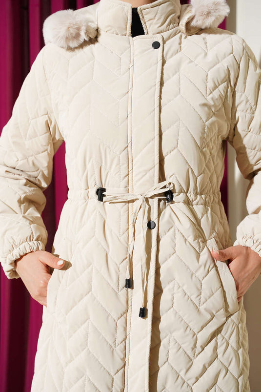 Zigzag Quilted Hooded Padded Coat Stone