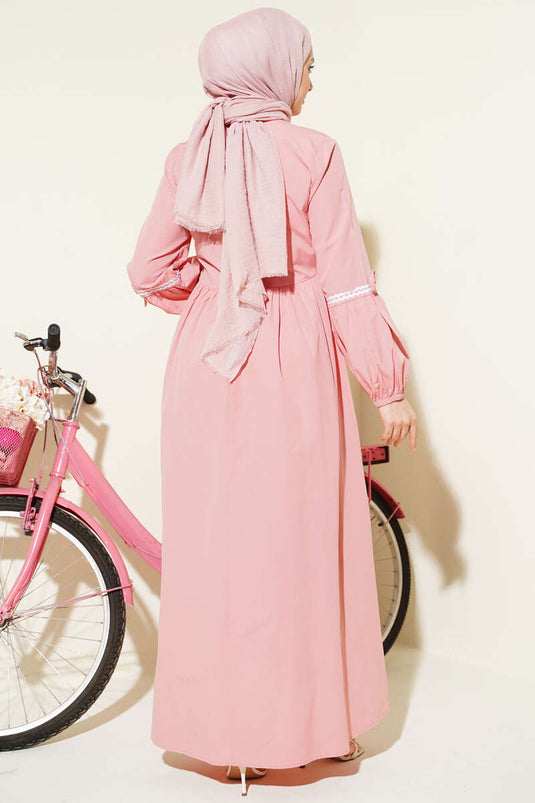 Robe en popeline avec broderie zigzag et cordon latéral, couleur poudre