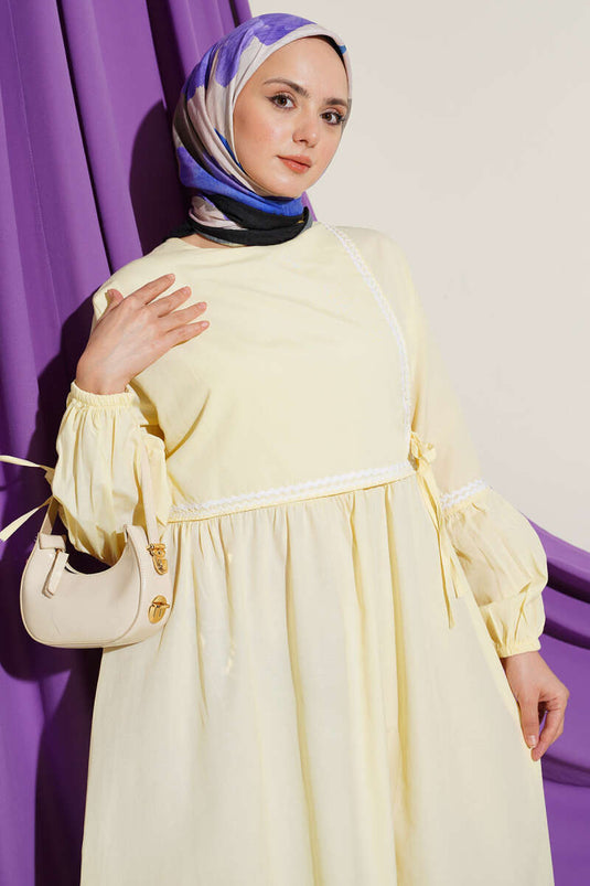 Zigzag Embroidered Side-Tied Poplin Dress Yellow