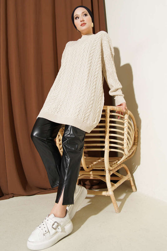 Zigzag Örgü Triko Tunik Bej