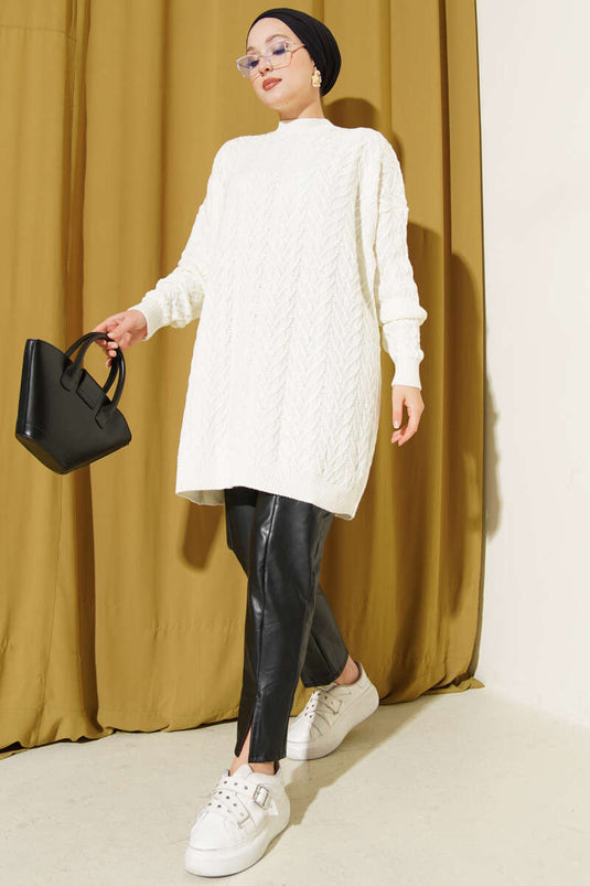 Zigzag Örgü Triko Tunik Ekru