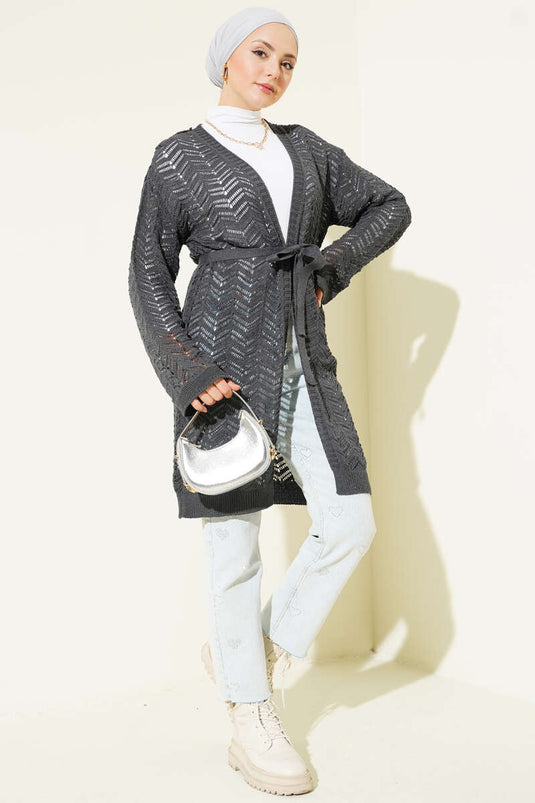 Zigzag Openwork Belted Knitted Cardigan Anthracite