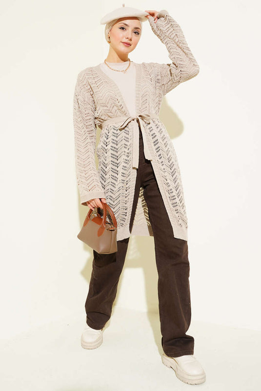 Zigzag Openwork Belted Knitted Cardigan Beige