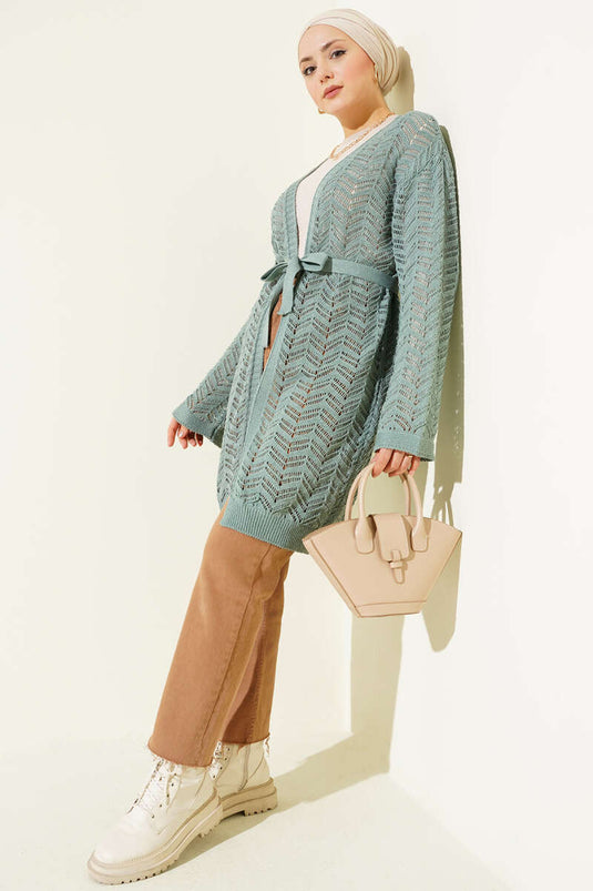 Zigzag Openwork Belted Knitted Cardigan Hazel Green