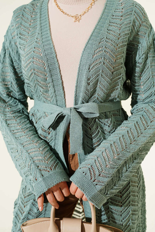 Cardigan tricoté à ceinture ajourée en zigzag, vert pistache