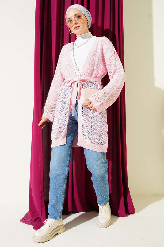 Zigzag Openwork Belted Knitted Cardigan Pink