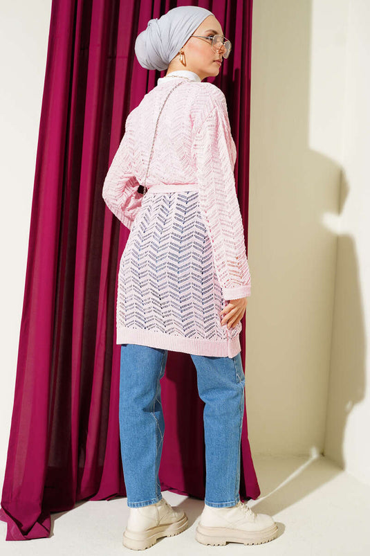 Zigzag Openwork Belted Knitted Cardigan Pink