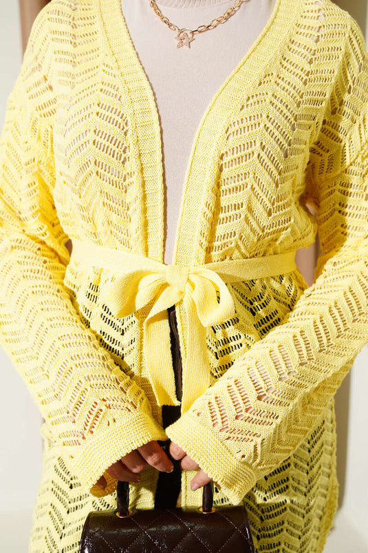 Zikzak Ajurlu Kuşaklı Triko Hırka Sarı