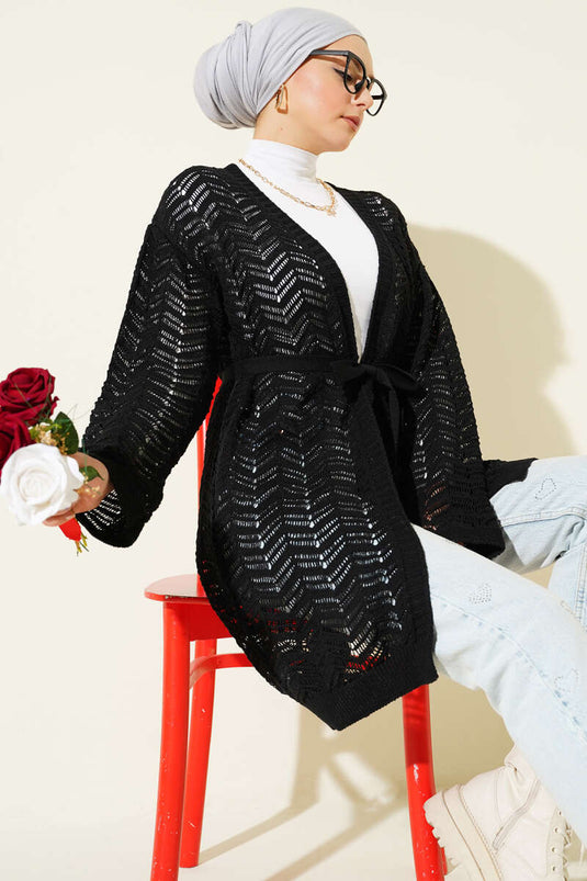 Zikzak Ajurlu Kuşaklı Triko Hırka Siyah