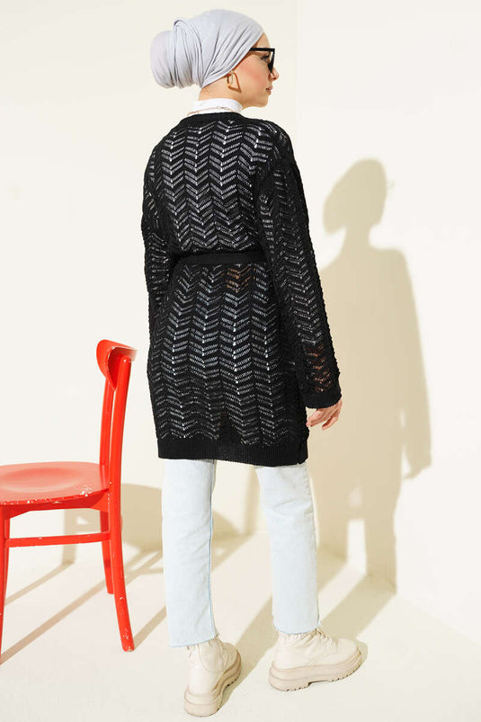 Zigzag Openwork Belted Knit Cardigan Black
