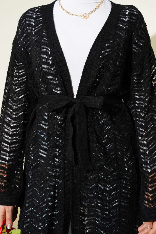 Zikzak Ajurlu Kuşaklı Triko Hırka Siyah