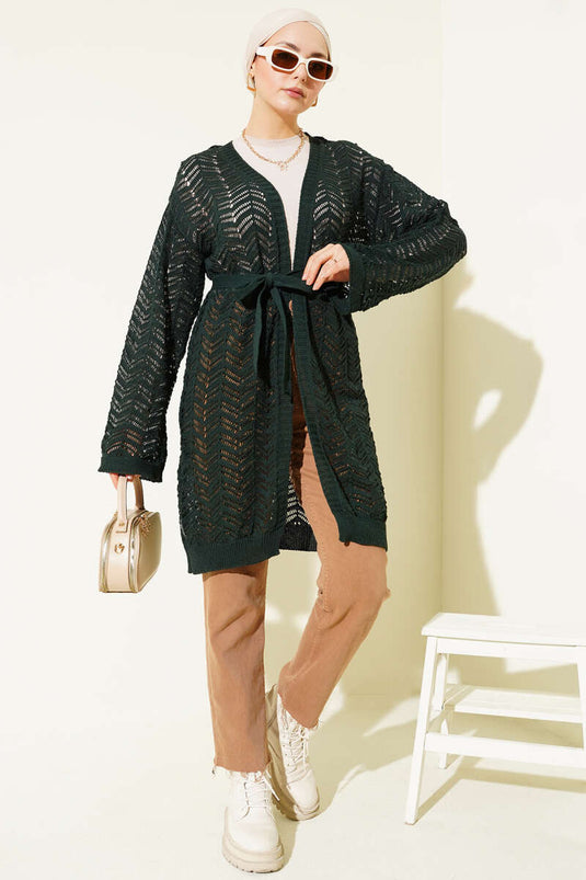 Zigzag Openwork Belted Knitted Cardigan Emerald