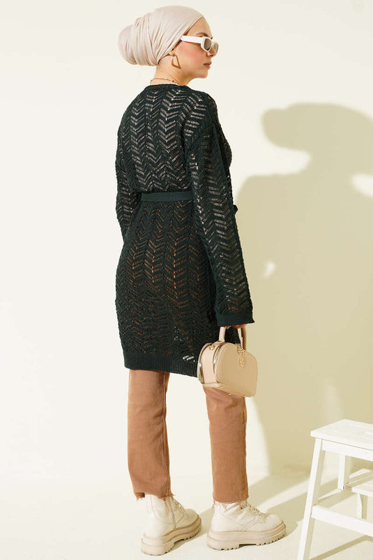 Zigzag Openwork Belted Knitted Cardigan Emerald