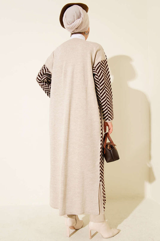 Cardigan long en maille à rayures en zigzag beige marron