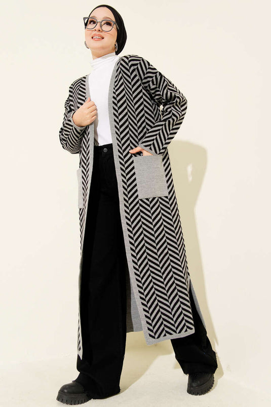 Cardigan long en maille à rayures en zigzag gris noir