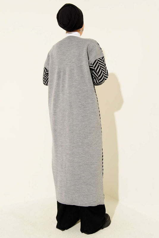 Cardigan long en maille à rayures en zigzag gris noir