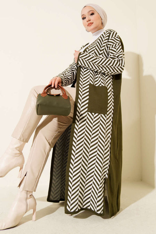 Cardigan long en maille à rayures en zigzag kaki