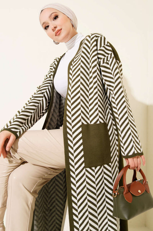 Cardigan long en maille à rayures en zigzag kaki