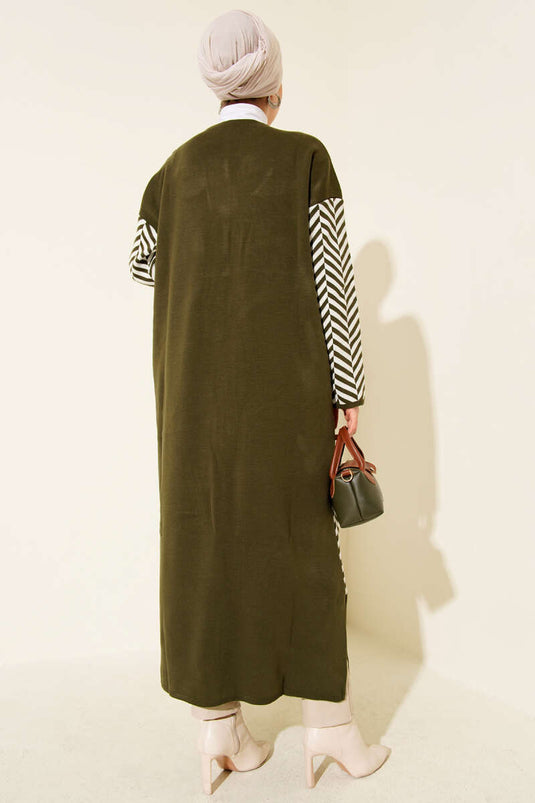 Cardigan long en maille à rayures en zigzag kaki