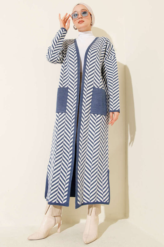 Cardigan long en maille à rayures en zigzag indigo