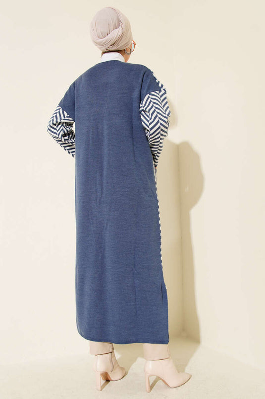 Cardigan long en maille à rayures en zigzag indigo