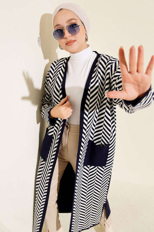 Cardigan long en maille à rayures en zigzag bleu marine