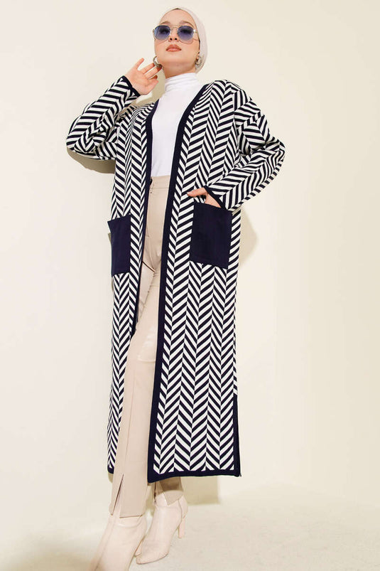 Cardigan long en maille à rayures en zigzag bleu marine