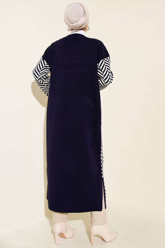 Cardigan long en maille à rayures en zigzag bleu marine