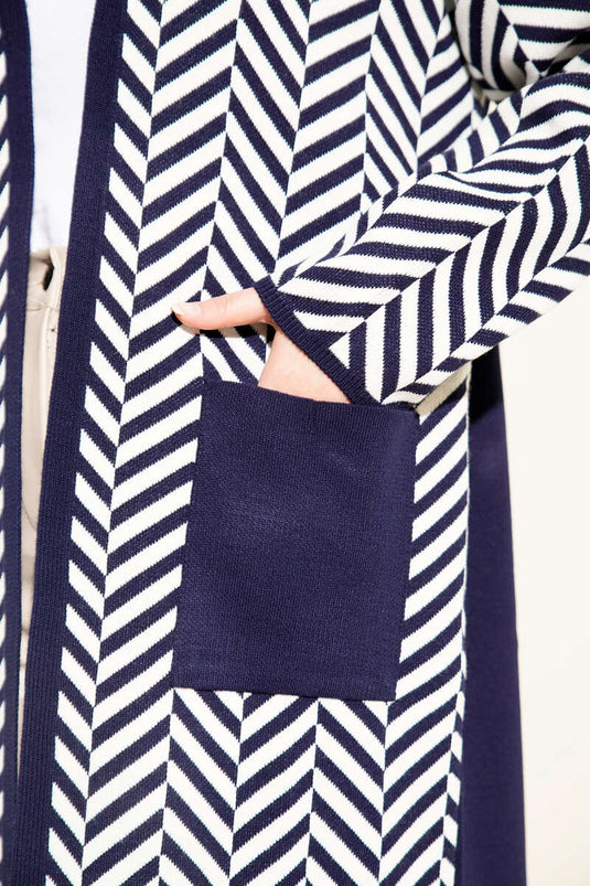 Cardigan long en maille à rayures en zigzag bleu marine