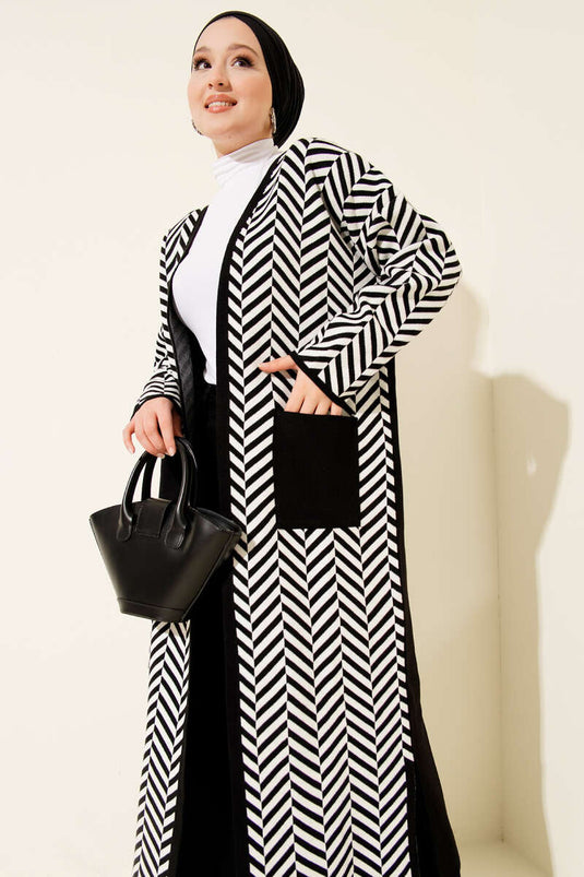 Cardigan long en maille à rayures en zigzag noir