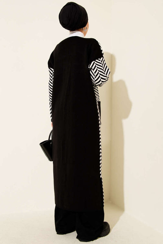 Cardigan long en maille à rayures en zigzag noir