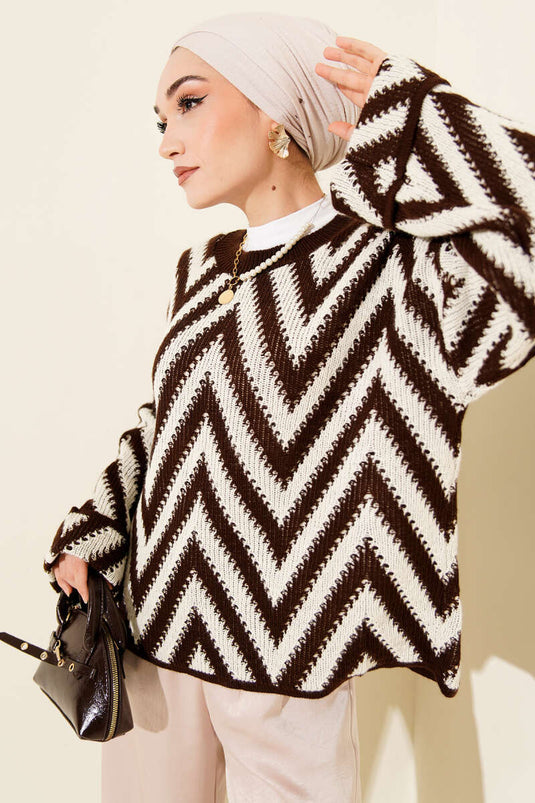 Strickpullover mit Zickzackmuster, Kaffee